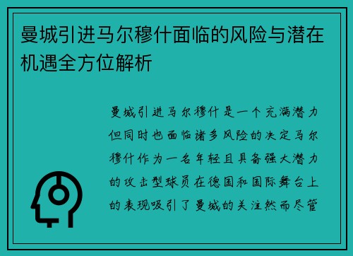 曼城引进马尔穆什面临的风险与潜在机遇全方位解析