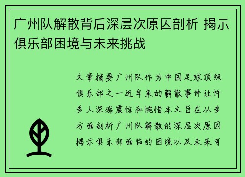 广州队解散背后深层次原因剖析 揭示俱乐部困境与未来挑战